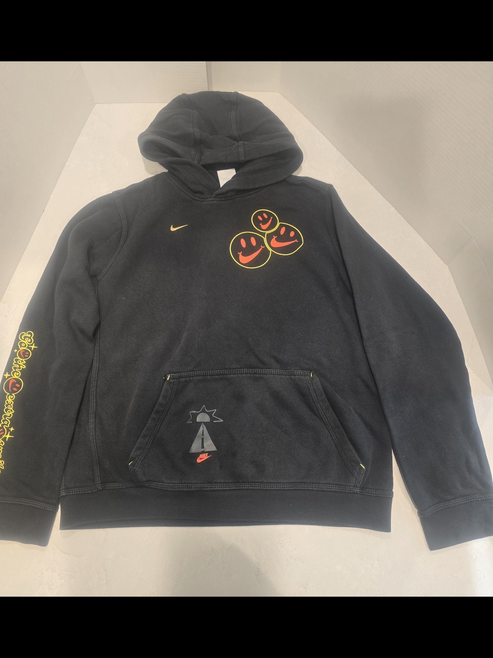 Nike Black Crewneck Hoodie with Yellow and Red Smiley Graphics